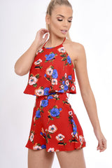 Red Floral Halterneck Crop Top - Kamisha