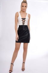 White Lace Trim Ribbon Lace Up Bodysuit - Shanna