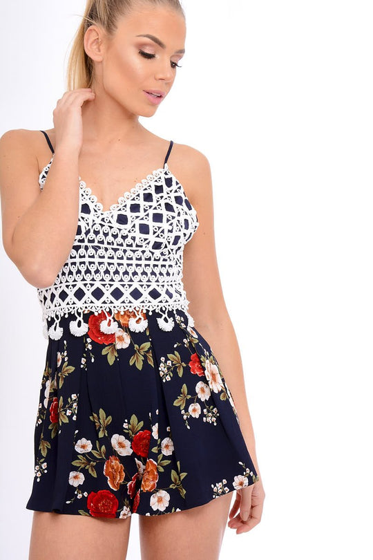 Navy Crochet Lace Floral Print Playsuit - Aerin