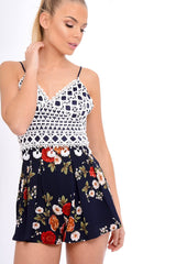 Navy Crochet Lace Floral Print Playsuit - Aerin