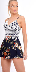 Navy Crochet Lace Floral Print Playsuit - Aerin