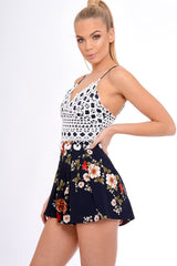 Navy Crochet Lace Floral Print Playsuit - Aerin
