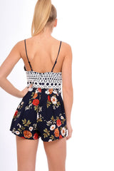 Navy Crochet Lace Floral Print Playsuit - Aerin