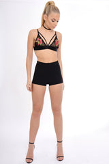 Black Mesh Harness Bralet Red Embroidery - Alina
