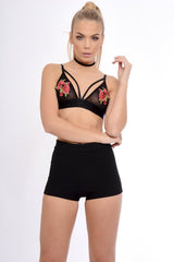 Black Mesh Harness Bralet Red Embroidery - Alina