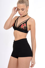 Black Mesh Harness Bralet Red Embroidery - Alina