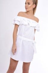 White Frill Bardot Tie Waist Shirt Dress - Ally