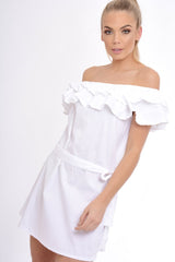 White Frill Bardot Tie Waist Shirt Dress - Ally
