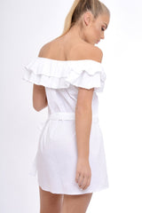 White Frill Bardot Tie Waist Shirt Dress - Ally