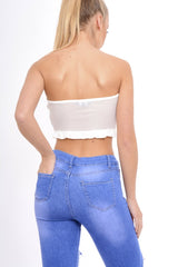 White Mesh Lace Up Frill Bandeau Top - Gisella