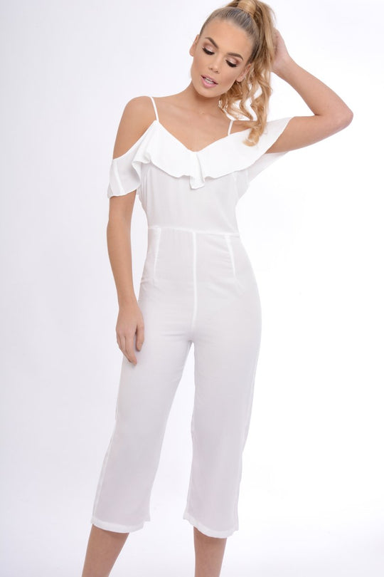 White Bardot Strap Frill Cropped Jumpsuit - Leni
