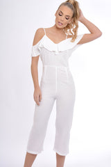 White Bardot Strap Frill Cropped Jumpsuit - Leni