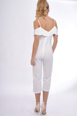 White Bardot Strap Frill Cropped Jumpsuit - Leni