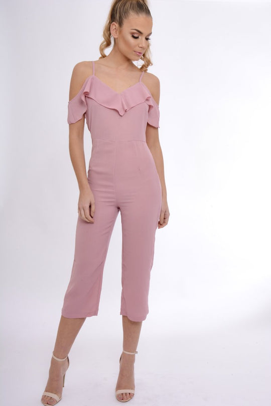 Pink Bardot Strap Frill Cropped Jumpsuit - Leni