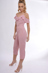 Pink Bardot Strap Frill Cropped Jumpsuit - Leni