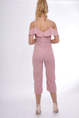 Pink Bardot Strap Frill Cropped Jumpsuit - Leni