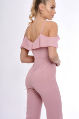 Pink Bardot Strap Frill Cropped Jumpsuit - Leni