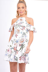 White Floral Cold Shoulder Skater Dress - Zoey