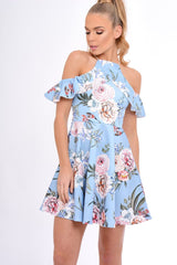Blue Floral Cold Shoulder Skater Dress - Zoey