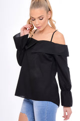 Black Bardot Strappy Bell Sleeve Top - Kandice