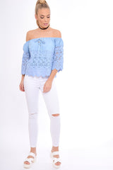 Light Denim Lace Up Crochet Bardot Top - Tessa