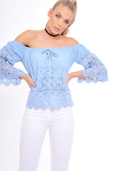 Light Denim Lace Up Crochet Bardot Top - Tessa