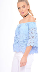 Light Denim Lace Up Crochet Bardot Top - Tessa