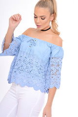 Light Denim Lace Up Crochet Bardot Top - Tessa