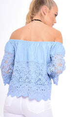 Light Denim Lace Up Crochet Bardot Top - Tessa