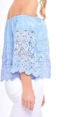 Light Denim Lace Up Crochet Bardot Top - Tessa