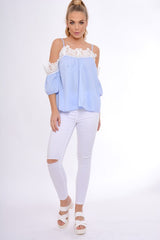 Blue Cold Shoulder Crochet Detail Top - Maggie