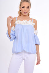 Blue Cold Shoulder Crochet Detail Top - Maggie