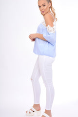 Blue Cold Shoulder Crochet Detail Top - Maggie