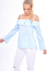 Blue Bardot Strappy Bell Sleeve Top - Kandice