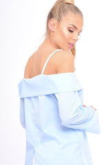 Blue Bardot Strappy Bell Sleeve Top - Kandice