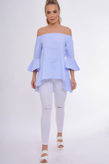 Blue Gingham Frill Sleeve Bardot Top - Kiana