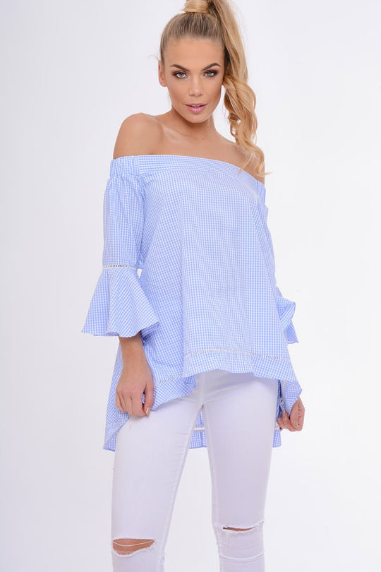 Blue Gingham Frill Sleeve Bardot Top - Kiana