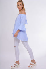 Blue Gingham Frill Sleeve Bardot Top - Kiana
