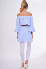 Blue Gingham Frill Sleeve Bardot Top - Kiana