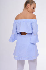 Blue Gingham Frill Sleeve Bardot Top - Kiana