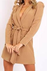 Camel Puff Sleeve Belted Waist Blazer Dress - Daionna