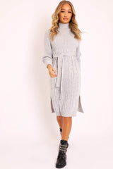 Grey Tie Waist High Neck Midi Jumper Dress - Ennie