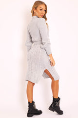 Grey Tie Waist High Neck Midi Jumper Dress - Ennie