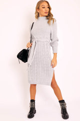 Grey Tie Waist High Neck Midi Jumper Dress - Ennie