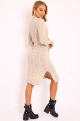 Beige Tie Waist High Neck Midi Jumper Dress - Ennie