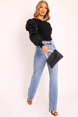 Black Ribbed Shirt Puff Sleeve Top - Kayler