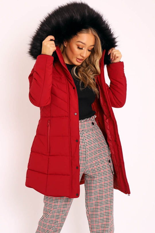Wine Adjustable Back Long Puffer Coat - Maezie