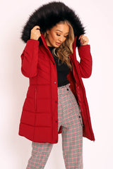 Wine Adjustable Back Long Puffer Coat - Maezie