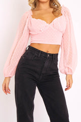 Pink Swiss Dot Frill Trim Crop Top - Mena