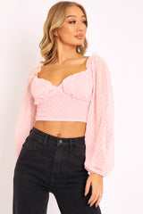 Pink Swiss Dot Frill Trim Crop Top - Mena